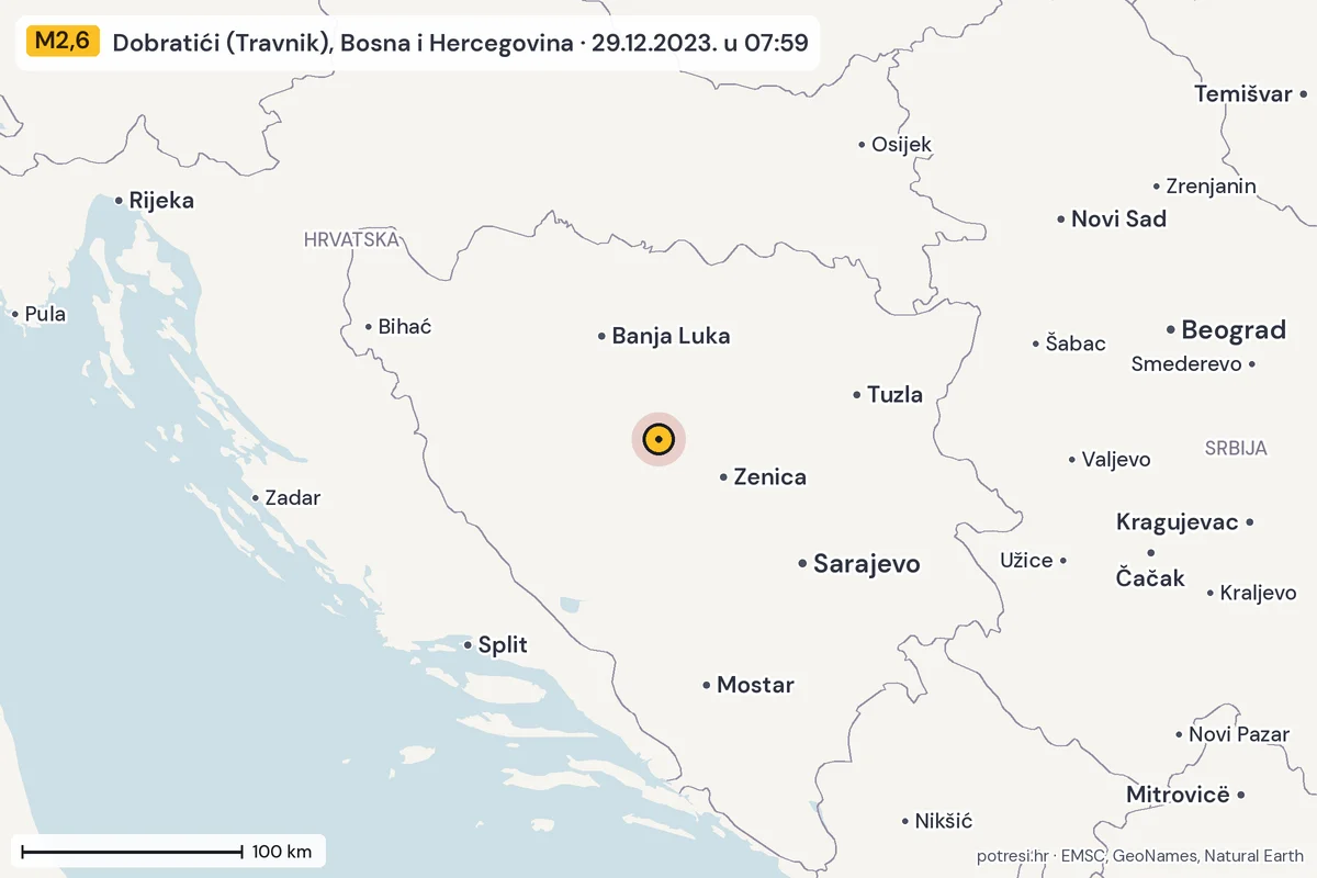 Karta: šire područje, 600 km, potres M2,6, Dobratići (Travnik), Bosna i Hercegovina, 29.12.2023.