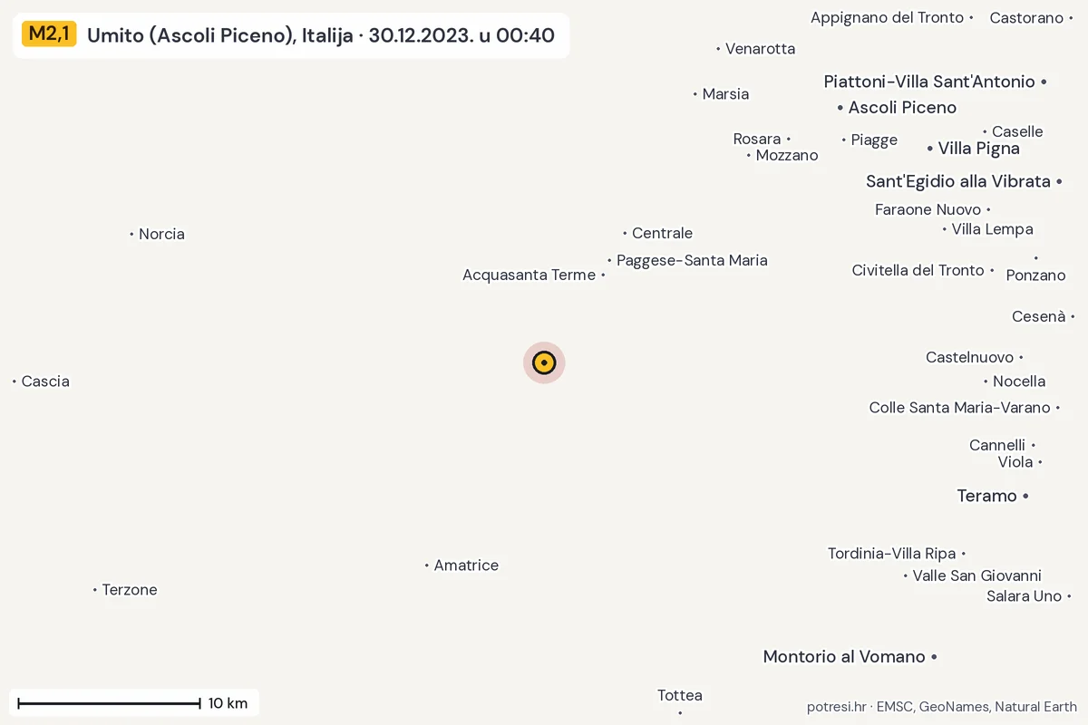 Karta: okolica epicentra, 60 km, potres M2,1, Umito (Ascoli Piceno), Italija, 30.12.2023.