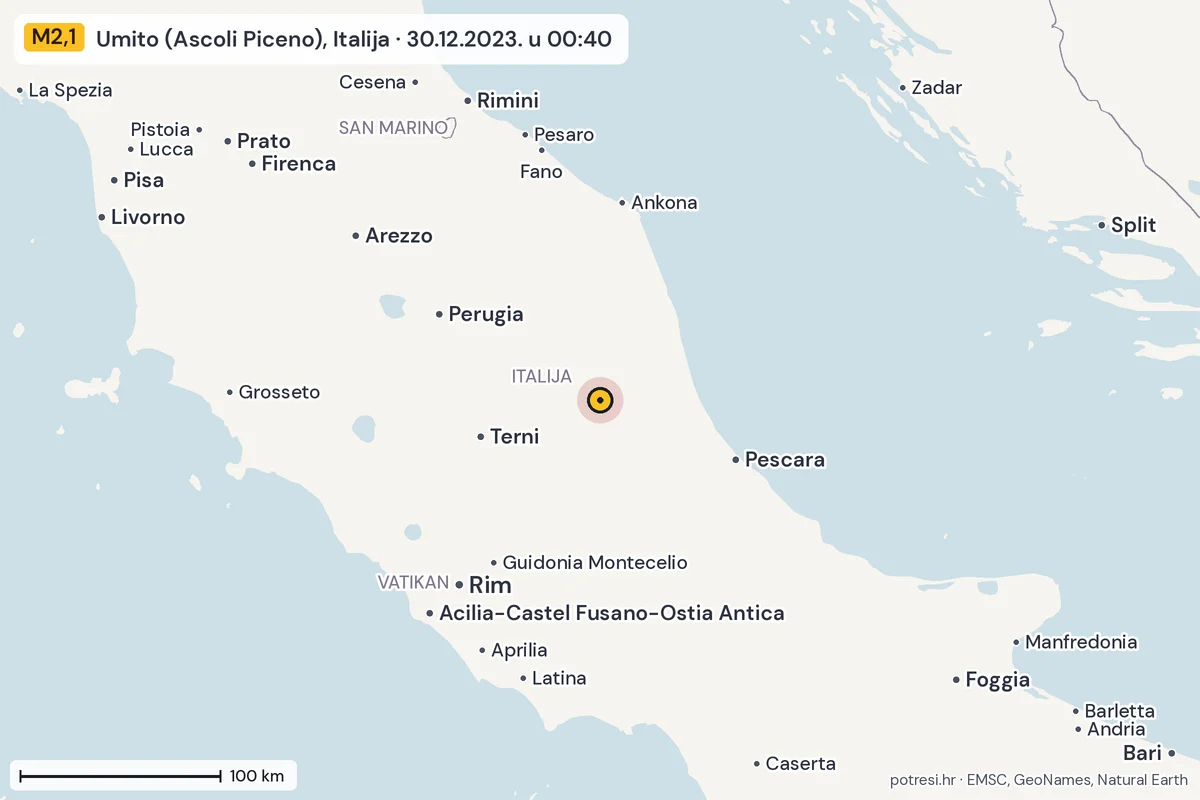 Karta: šire područje, 600 km, potres M2,1, Umito (Ascoli Piceno), Italija, 30.12.2023.