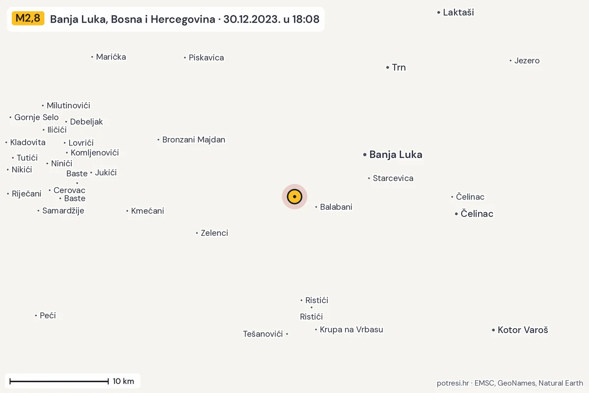 Karta: okolica epicentra, 60 km, potres M2,8, Banja Luka, Bosna i Hercegovina, 30.12.2023.