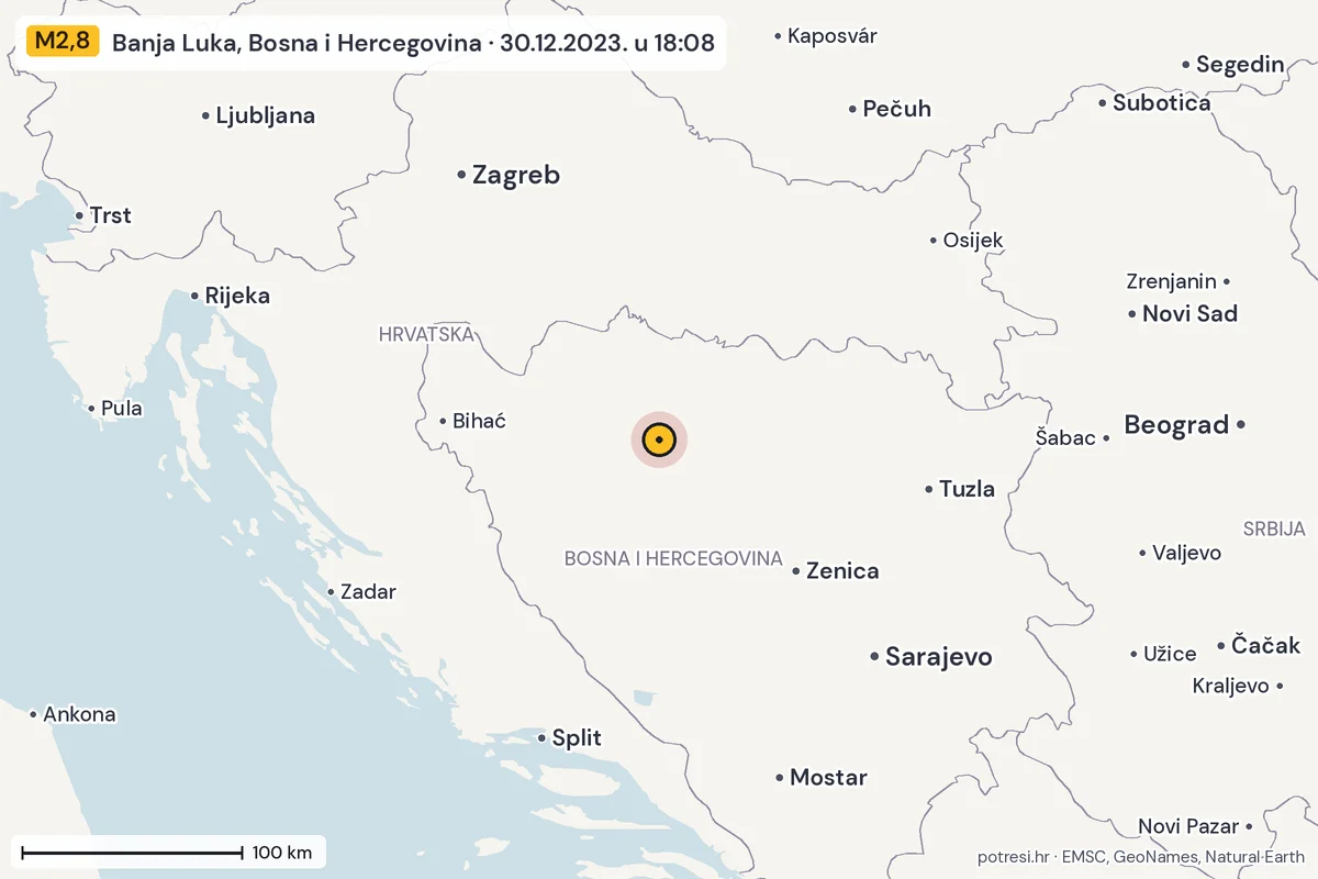 Karta: šire područje, 600 km, potres M2,8, Banja Luka, Bosna i Hercegovina, 30.12.2023.