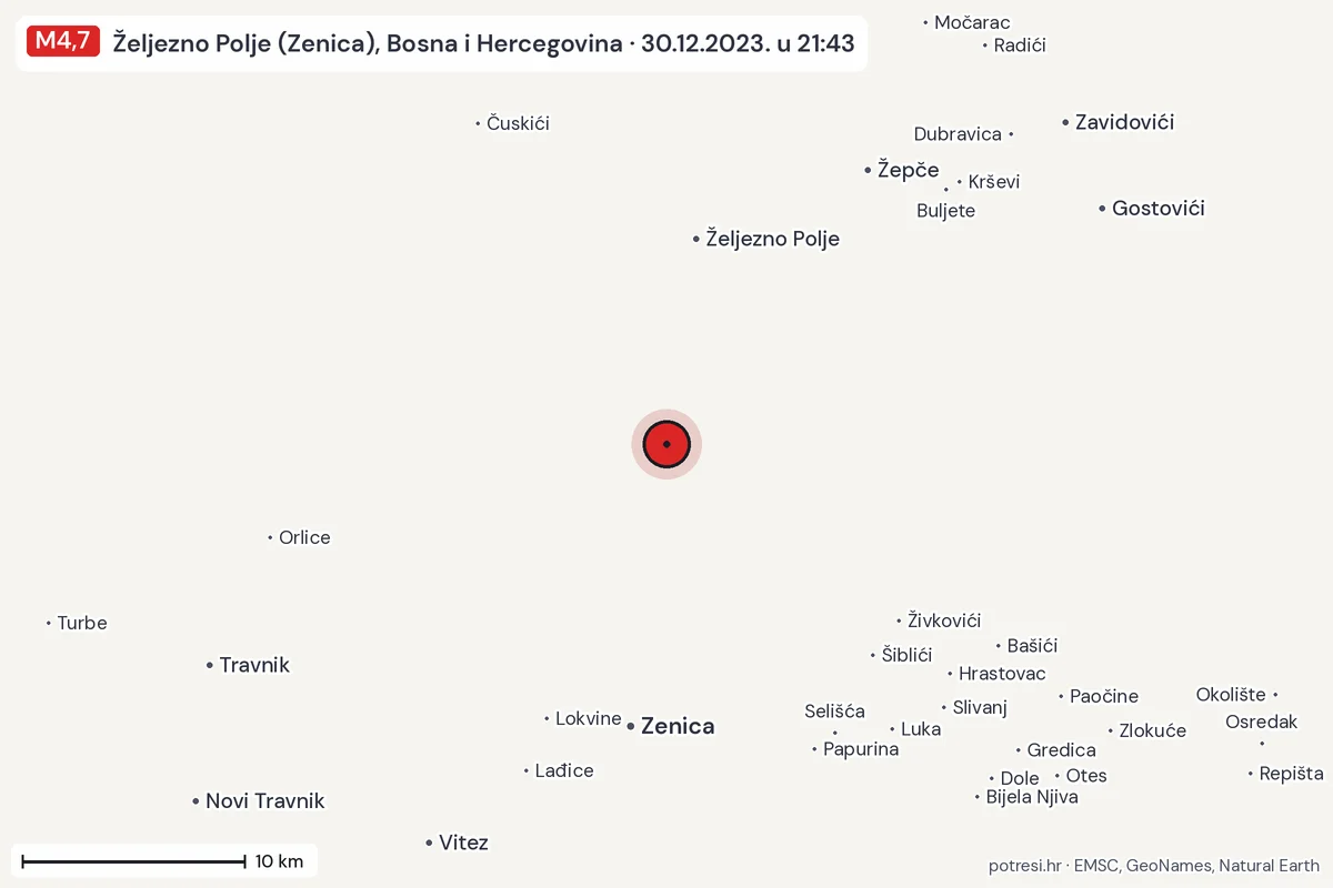 Karta: okolica epicentra, 60 km, potres M4,7, Željezno Polje (Zenica), Bosna i Hercegovina, 30.12.2023.