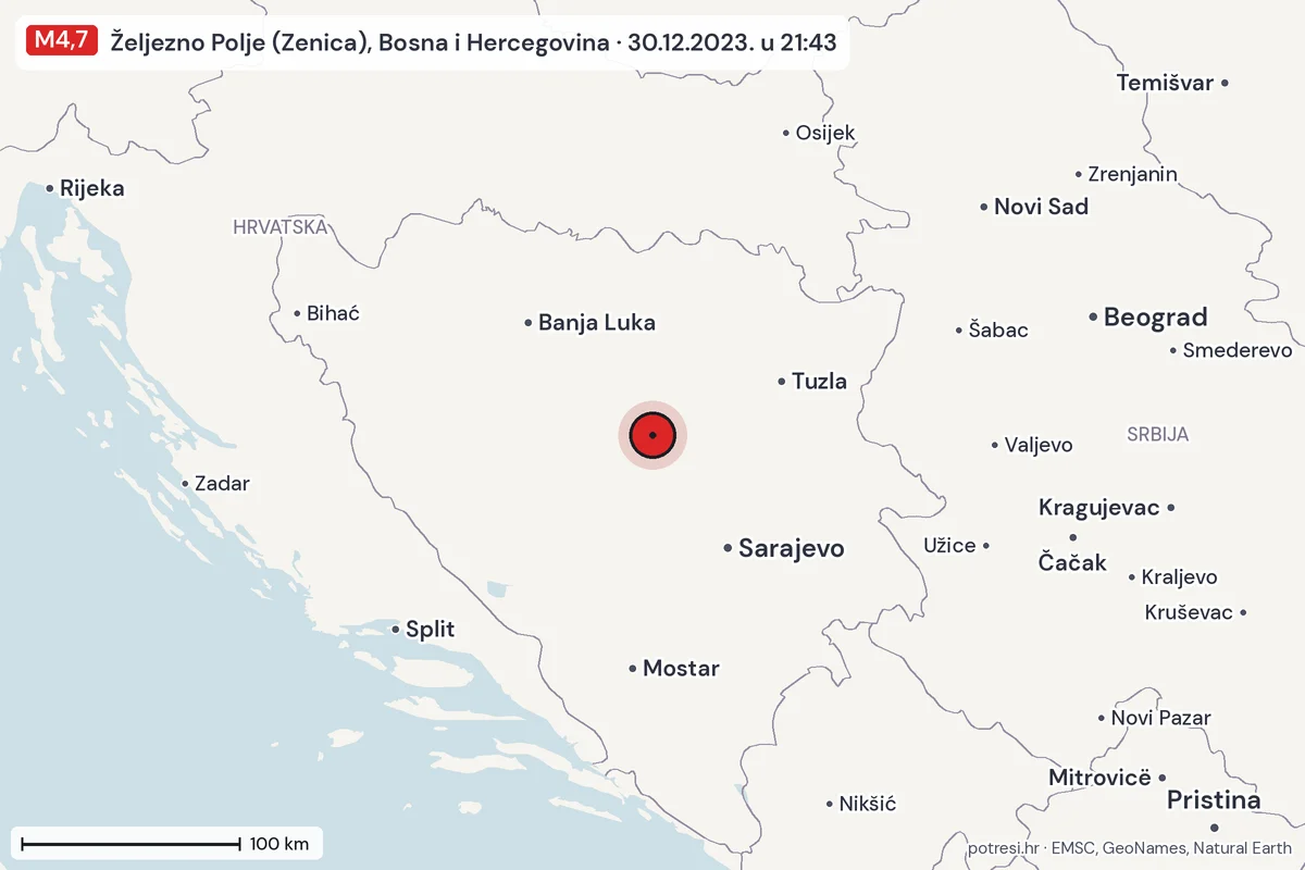 Karta: šire područje, 600 km, potres M4,7, Željezno Polje (Zenica), Bosna i Hercegovina, 30.12.2023.