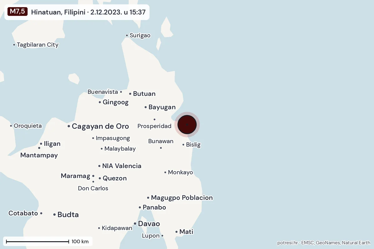 Karta: šire područje, 600 km, potres M7,5, Hinatuan, Filipini, 2.12.2023.