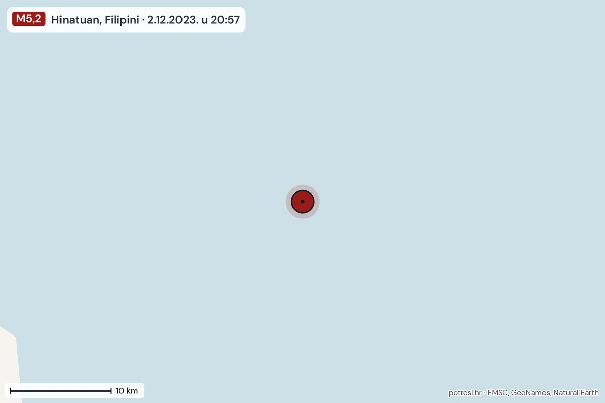 Karta: okolica epicentra, 60 km, potres M5,2, Hinatuan, Filipini, 2.12.2023.