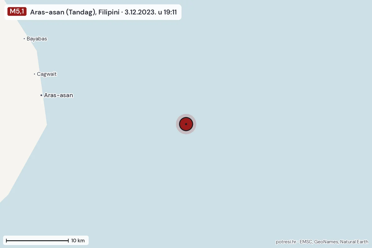 Karta: okolica epicentra, 60 km, potres M5,1, Aras-asan (Tandag), Filipini, 3.12.2023.