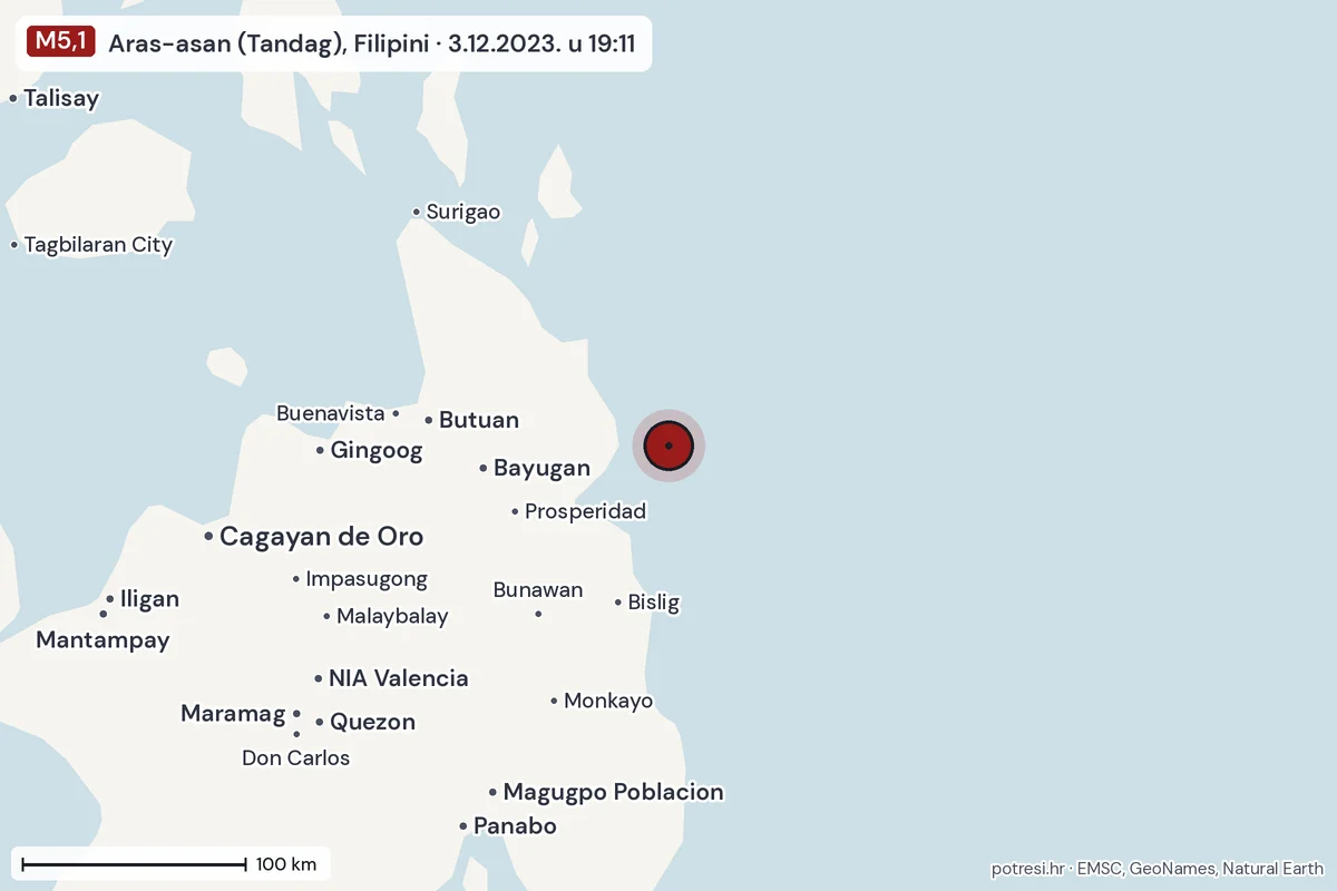 Karta: šire područje, 600 km, potres M5,1, Aras-asan (Tandag), Filipini, 3.12.2023.