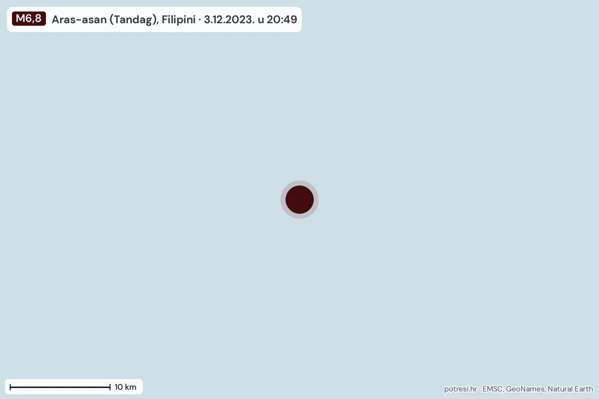 Karta: okolica epicentra, 60 km, potres M6,8, Aras-asan (Tandag), Filipini, 3.12.2023.