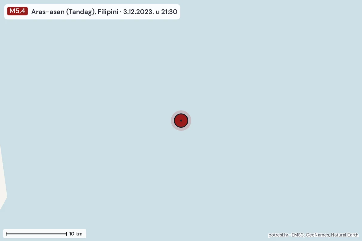 Karta: okolica epicentra, 60 km, potres M5,4, Aras-asan (Tandag), Filipini, 3.12.2023.