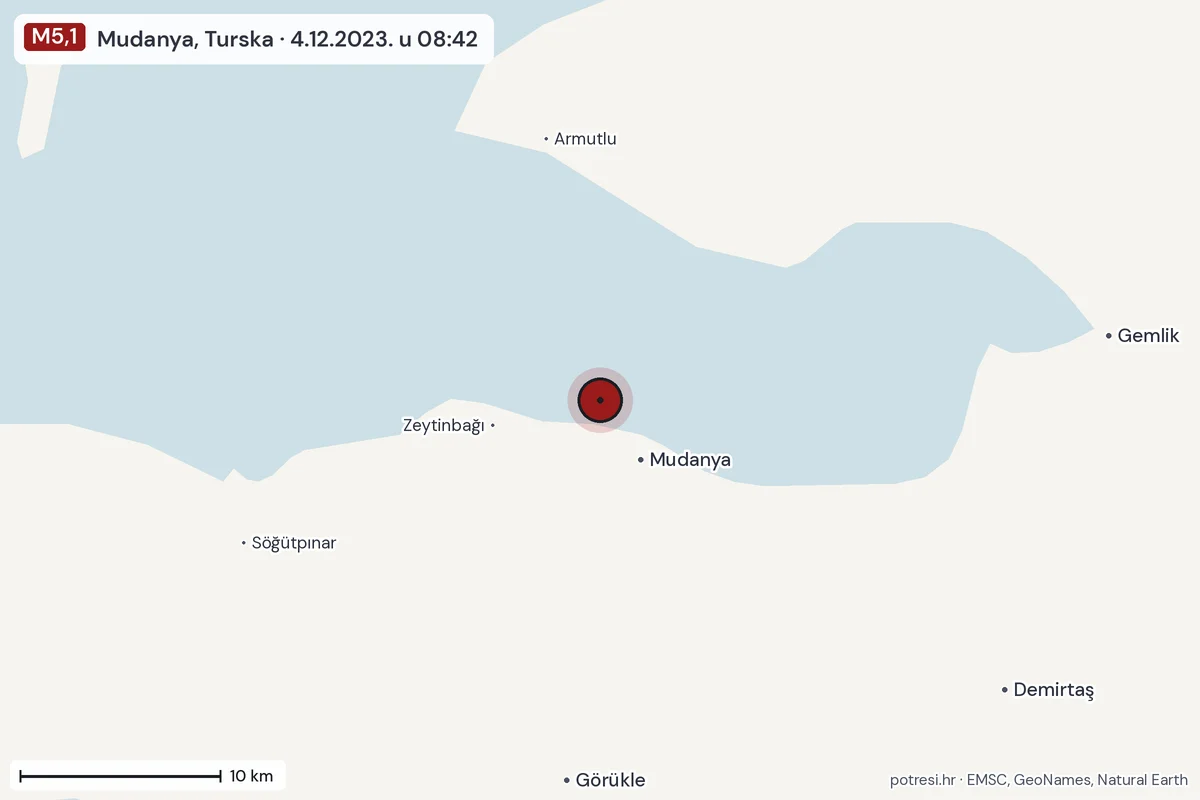 Karta: okolica epicentra, 60 km, potres M5,1, Mudanya, Turska, 4.12.2023.