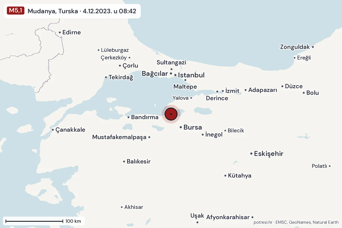 Karta: šire područje, 600 km, potres M5,1, Mudanya, Turska, 4.12.2023.