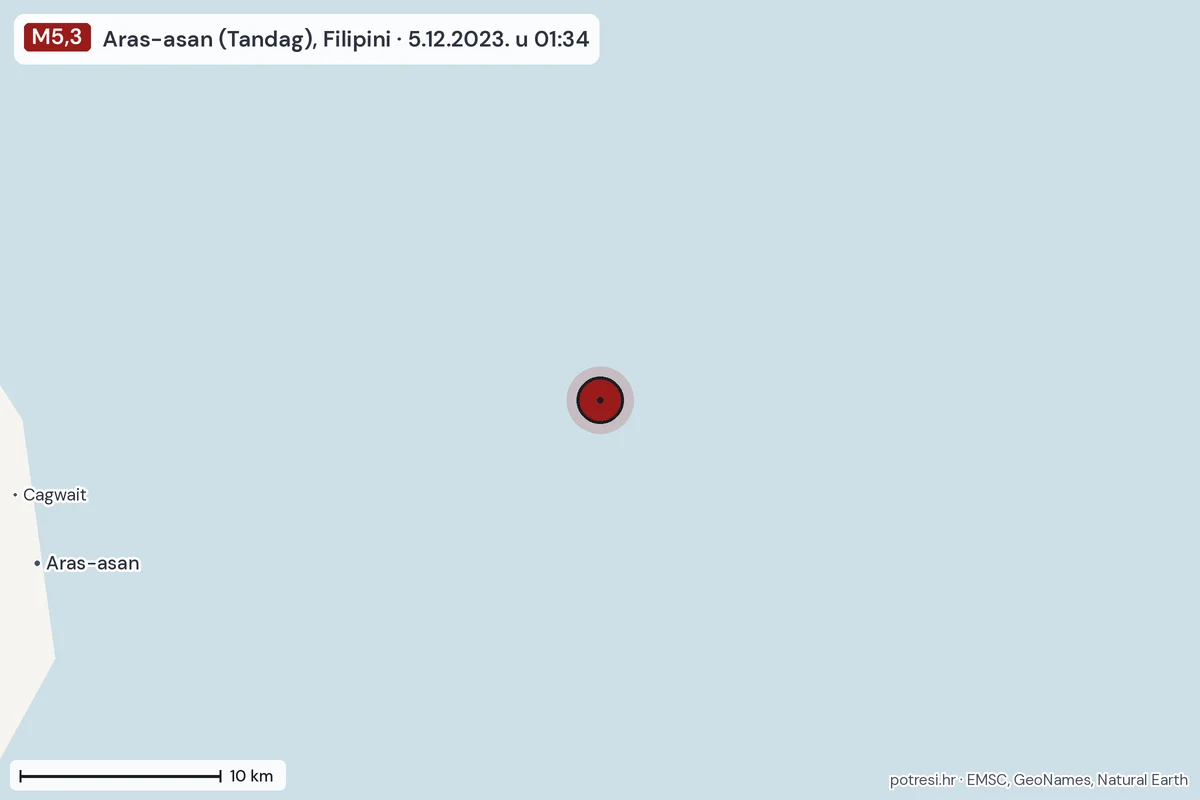Karta: okolica epicentra, 60 km, potres M5,3, Aras-asan (Tandag), Filipini, 5.12.2023.