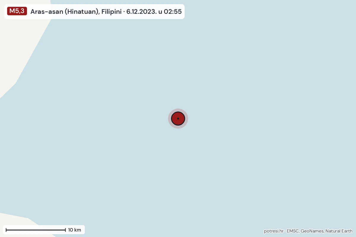 Karta: okolica epicentra, 60 km, potres M5,3, Aras-asan (Hinatuan), Filipini, 6.12.2023.
