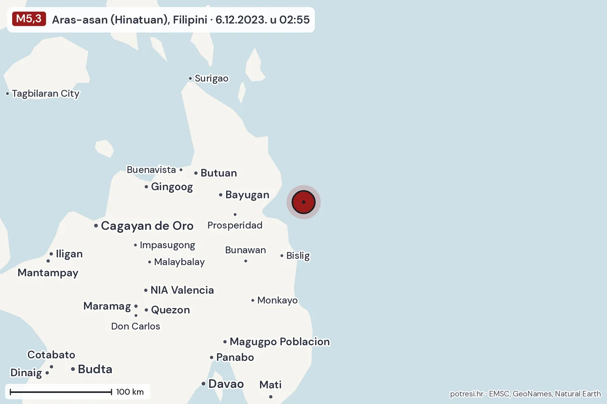 Karta: šire područje, 600 km, potres M5,3, Aras-asan (Hinatuan), Filipini, 6.12.2023.