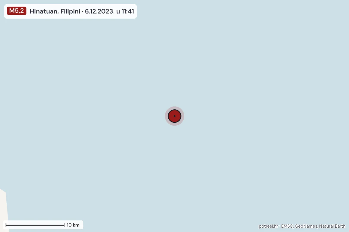 Karta: okolica epicentra, 60 km, potres M5,2, Hinatuan, Filipini, 6.12.2023.