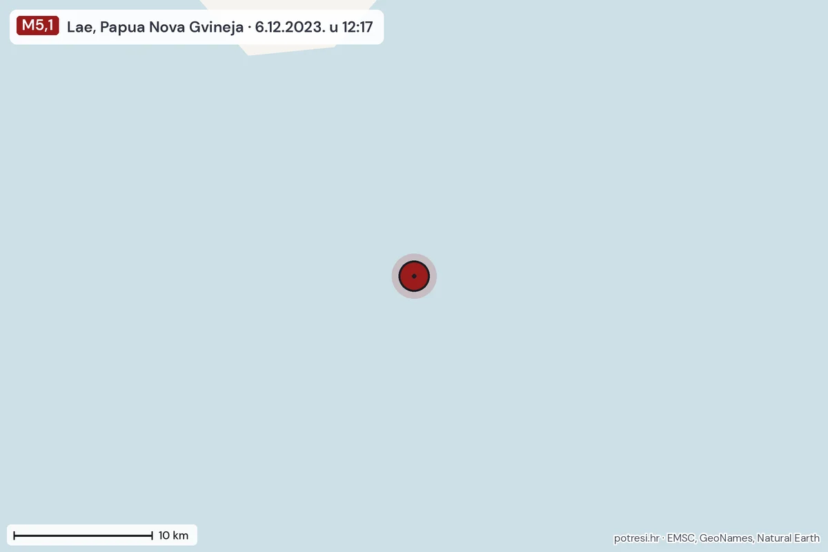 Karta: okolica epicentra, 60 km, potres M5,1, Lae, Papua Nova Gvineja, 6.12.2023.