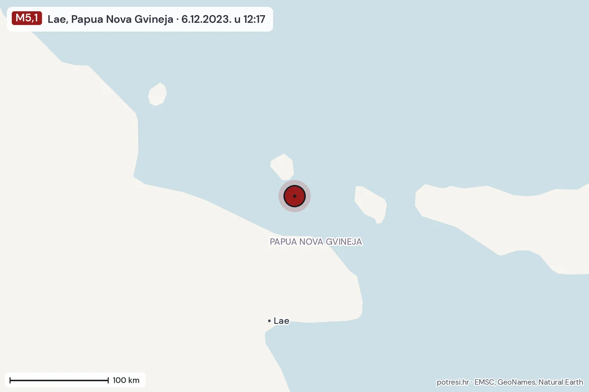 Karta: šire područje, 600 km, potres M5,1, Lae, Papua Nova Gvineja, 6.12.2023.