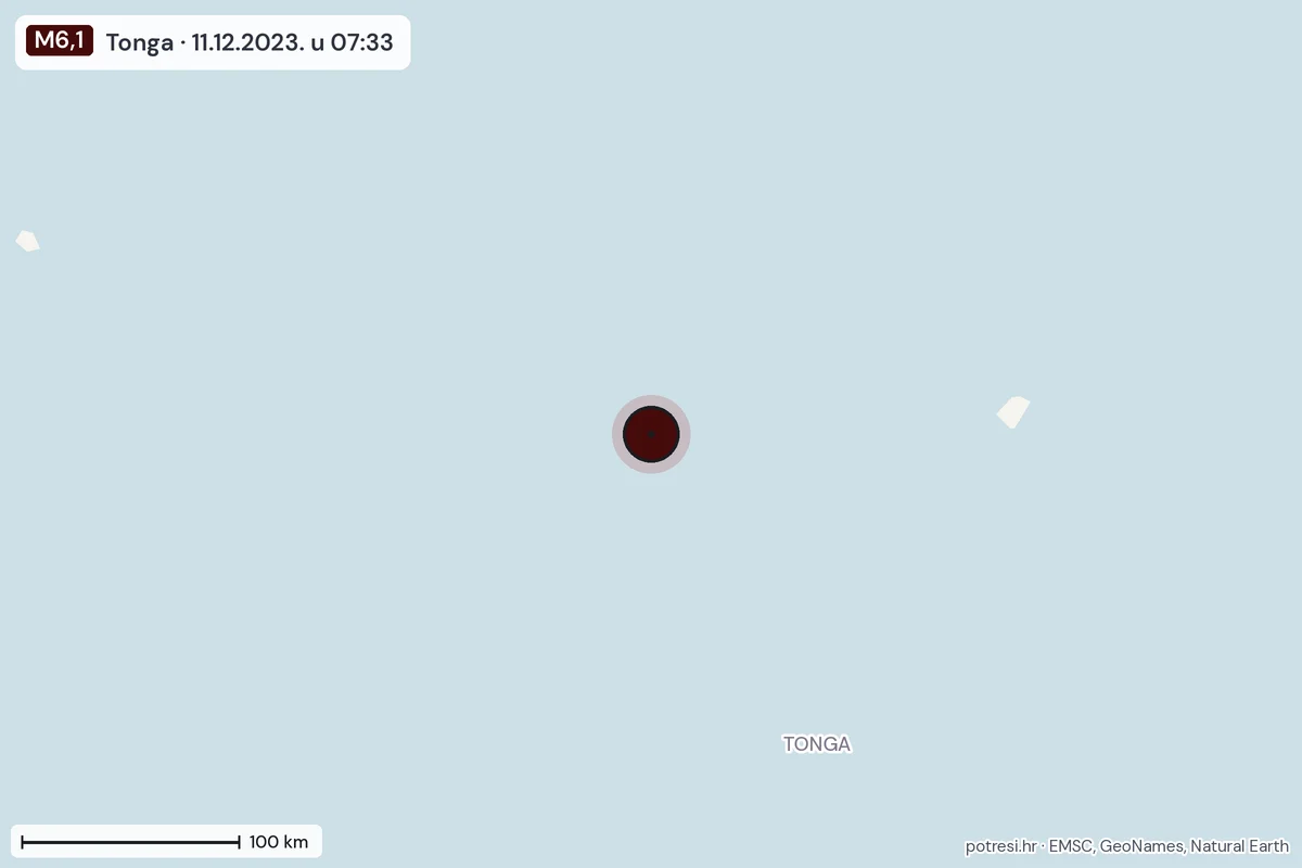 Karta: šire područje, 600 km, potres M6,1, Tonga, 11.12.2023.