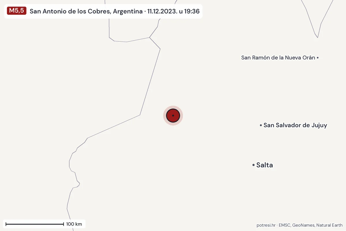 Karta: šire područje, 600 km, potres M5,5, San Antonio de los Cobres, Argentina, 11.12.2023.