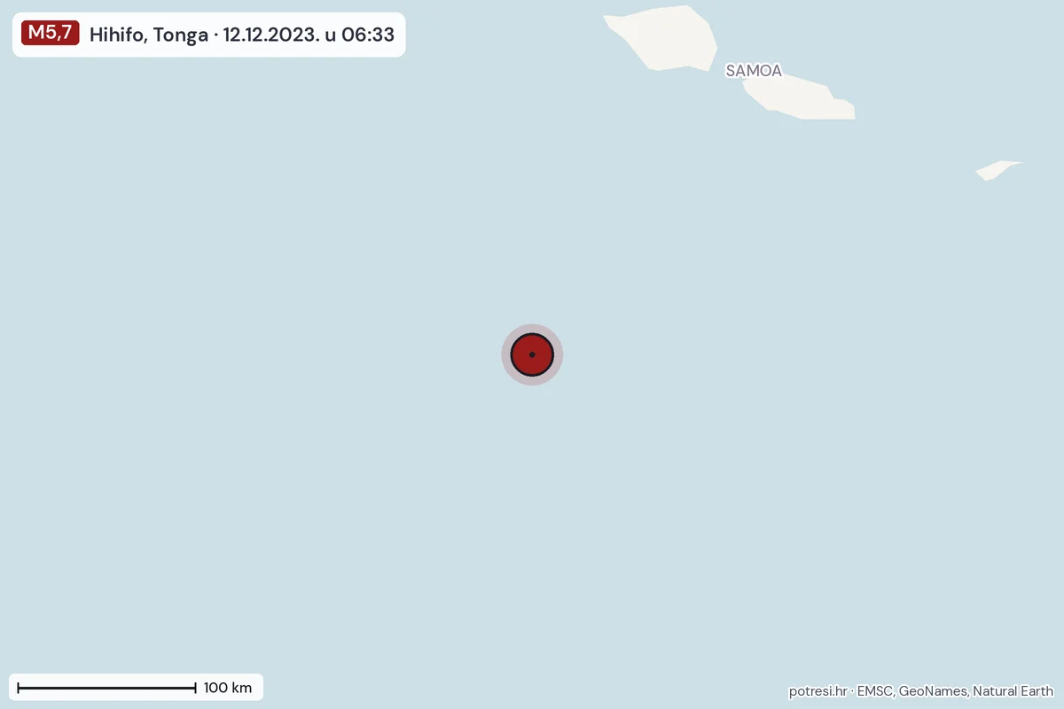 Karta: šire područje, 600 km, potres M5,7, Hihifo, Tonga, 12.12.2023.