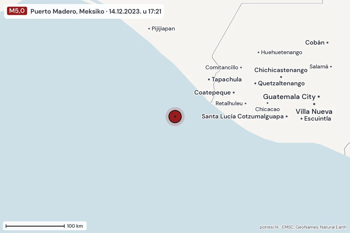 Karta: šire područje, 600 km, potres M5,0, Puerto Madero, Meksiko, 14.12.2023.