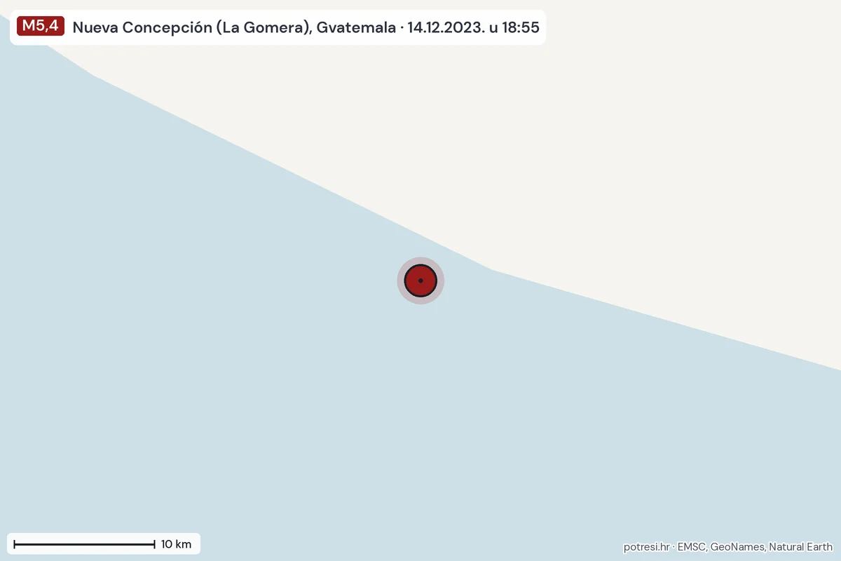 Karta: okolica epicentra, 60 km, potres M5,4, Nueva Concepción (La Gomera), Gvatemala, 14.12.2023.