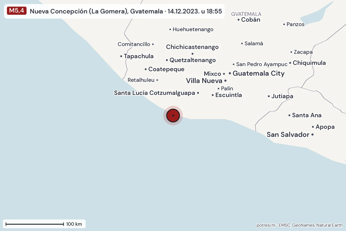 Karta: šire područje, 600 km, potres M5,4, Nueva Concepción (La Gomera), Gvatemala, 14.12.2023.