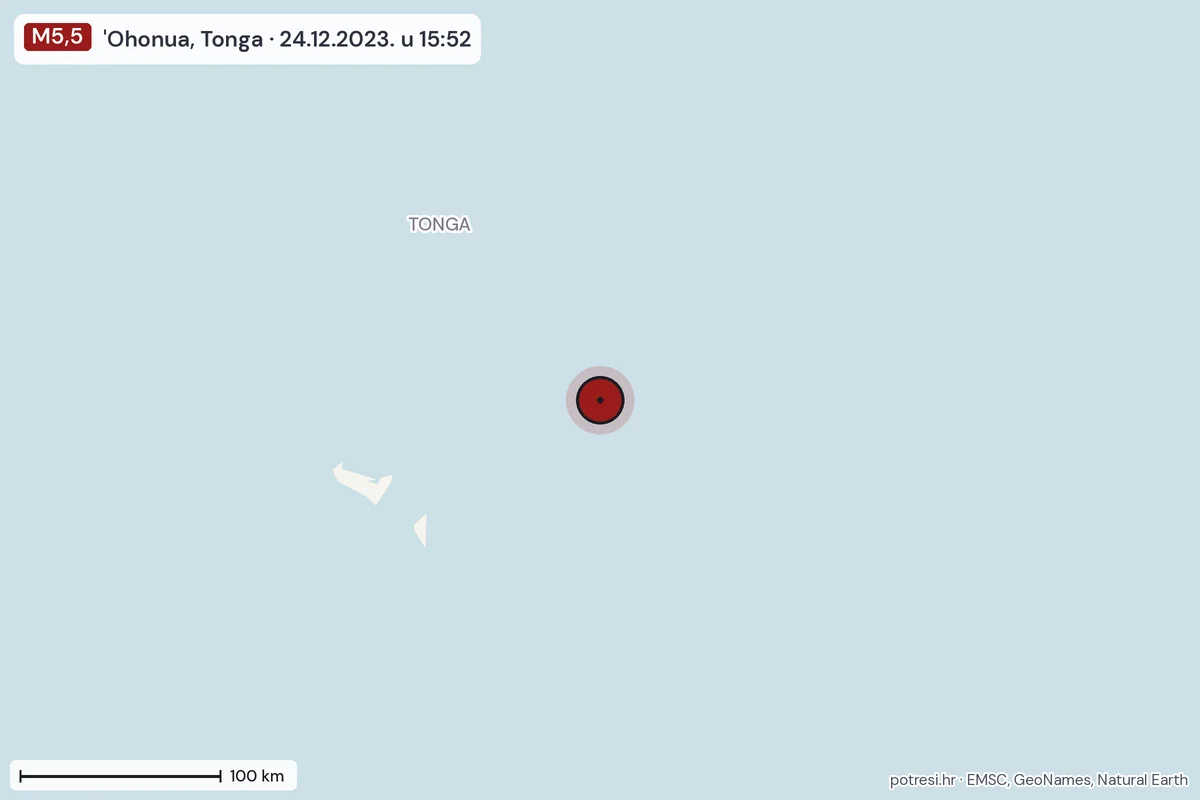 Karta: šire područje, 600 km, potres M5,5, 'Ohonua, Tonga, 24.12.2023.