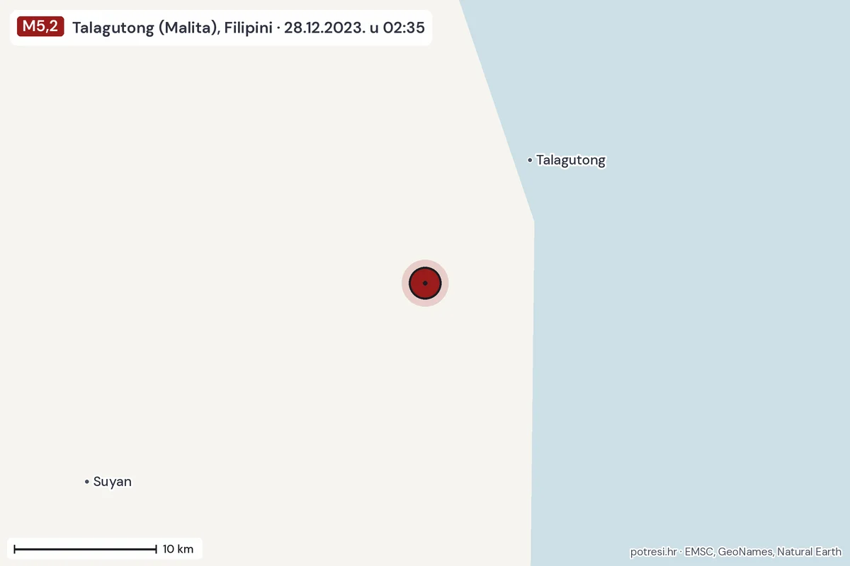 Karta: okolica epicentra, 60 km, potres M5,2, Talagutong (Malita), Filipini, 28.12.2023.