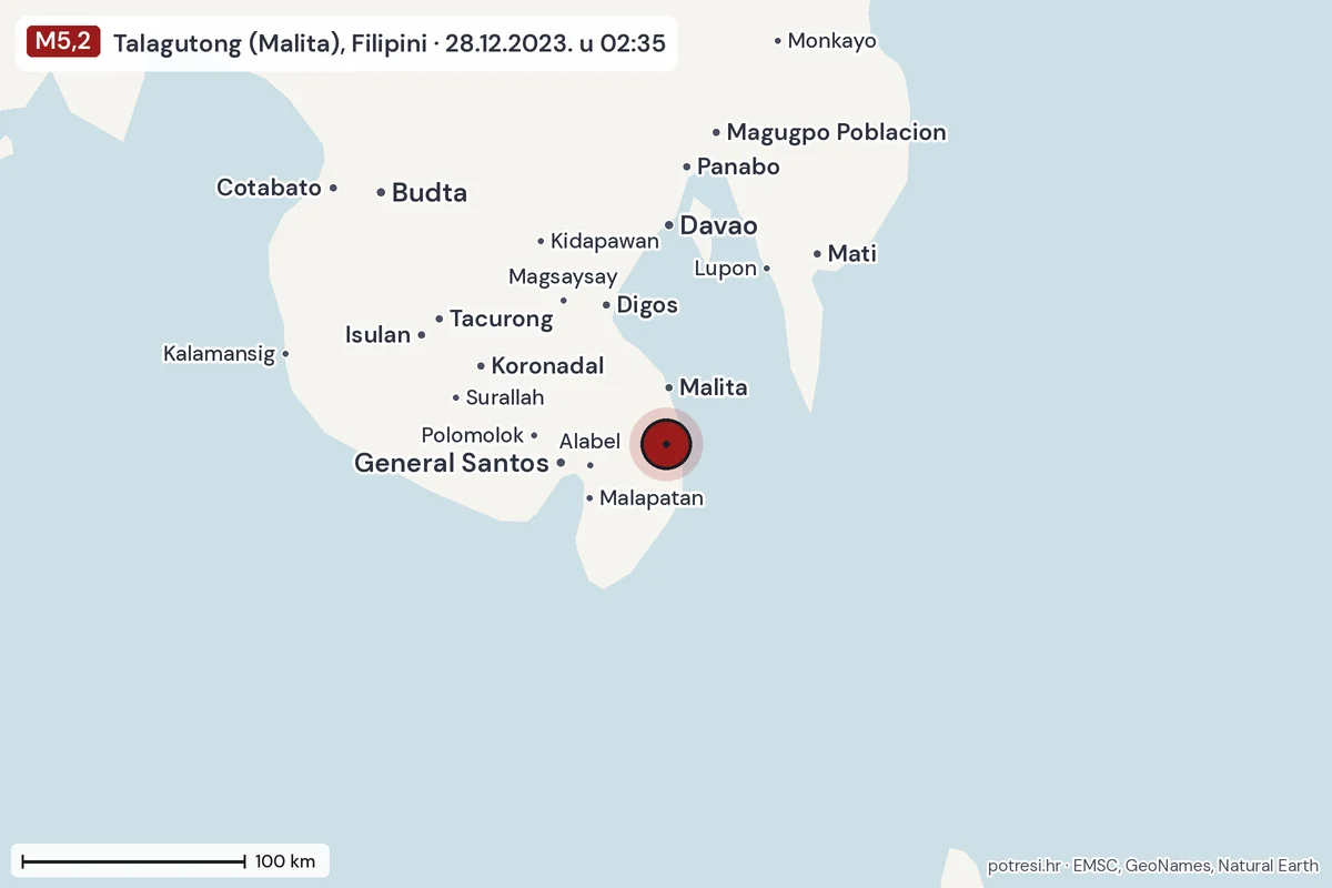 Karta: šire područje, 600 km, potres M5,2, Talagutong (Malita), Filipini, 28.12.2023.