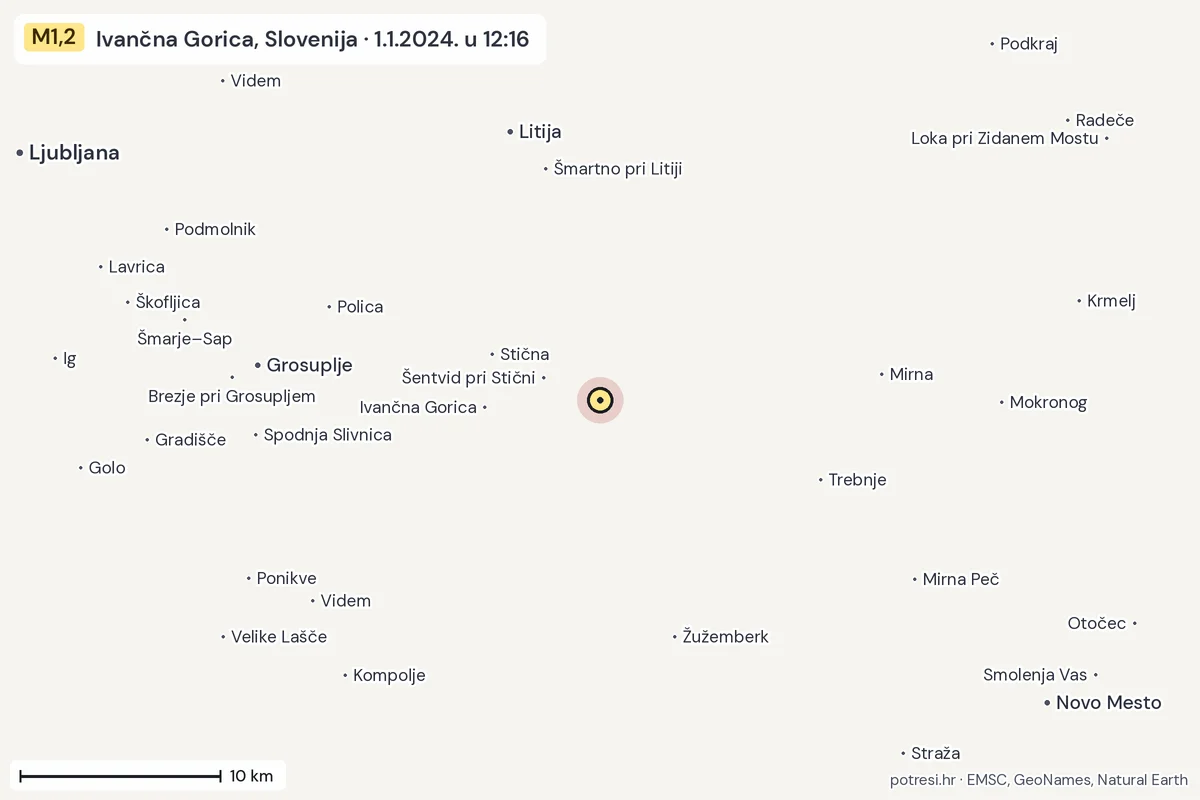 Karta: okolica epicentra, 60 km, potres M1,2, Ivančna Gorica, Slovenija, 1.1.2024.