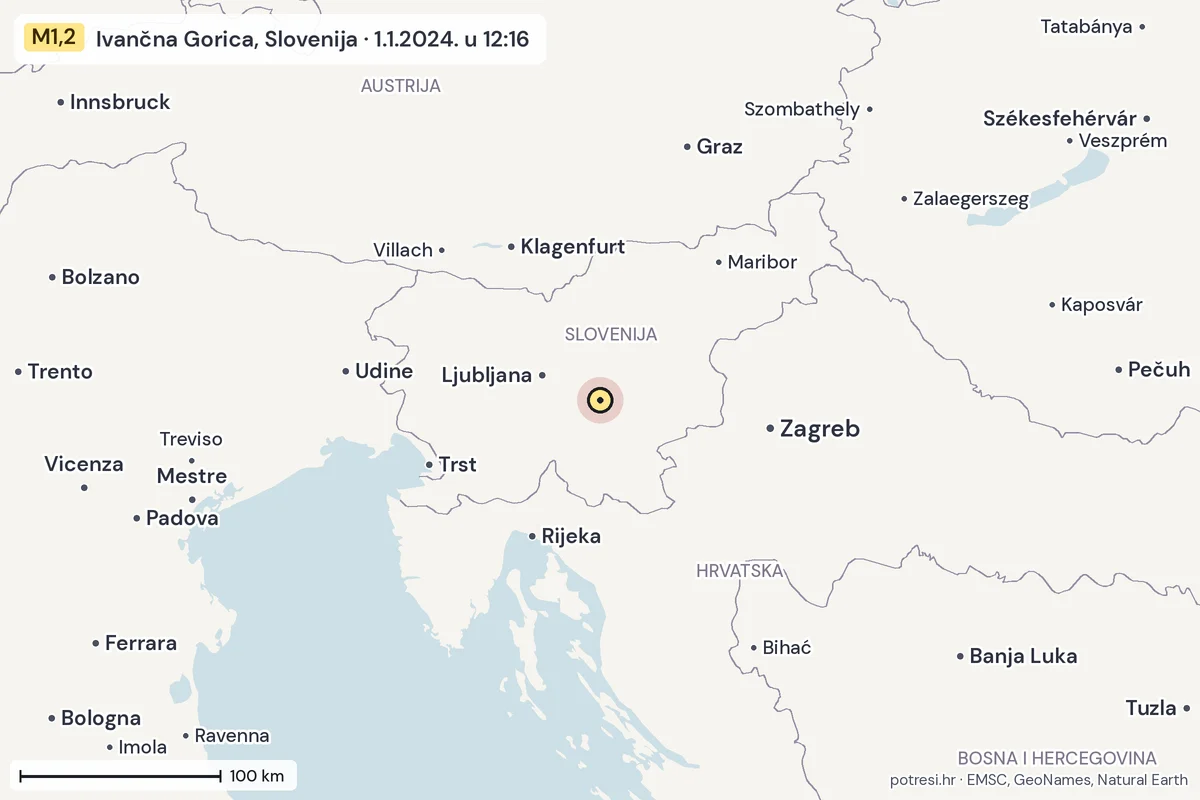 Karta: šire područje, 600 km, potres M1,2, Ivančna Gorica, Slovenija, 1.1.2024.