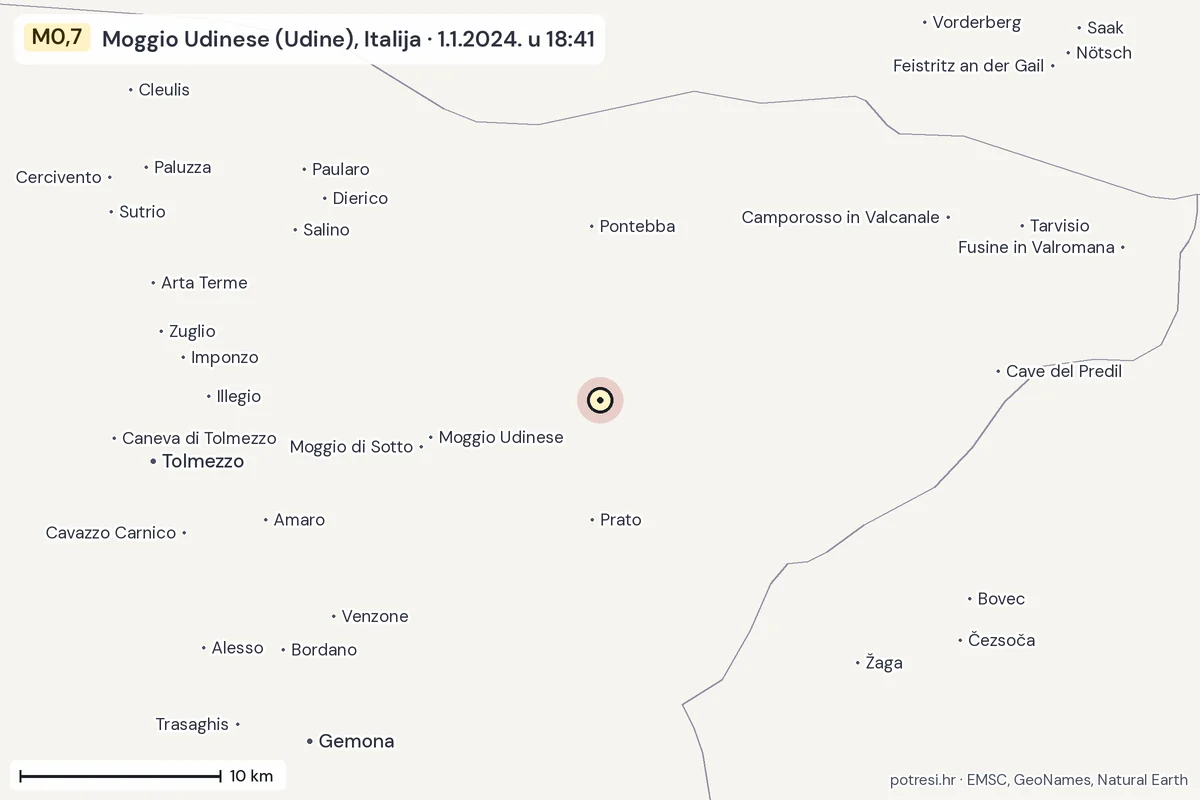 Karta: okolica epicentra, 60 km, potres M0,7, Moggio Udinese (Udine), Italija, 1.1.2024.