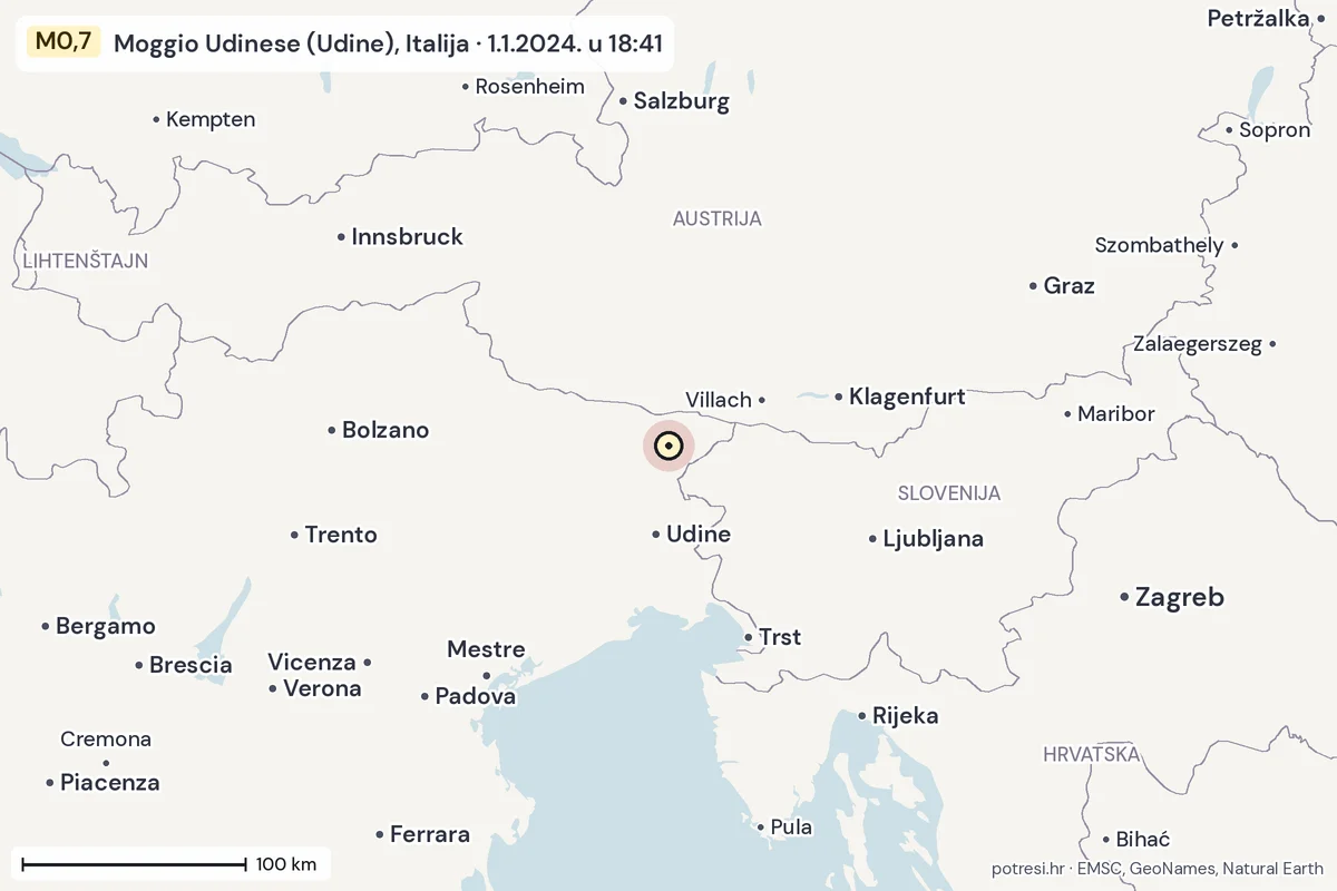 Karta: šire područje, 600 km, potres M0,7, Moggio Udinese (Udine), Italija, 1.1.2024.