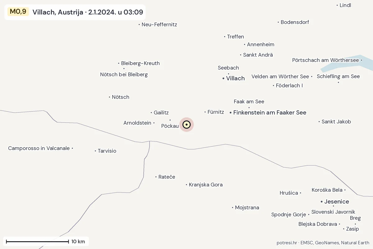 Karta: okolica epicentra, 60 km, potres M0,9, Villach, Austrija, 2.1.2024.