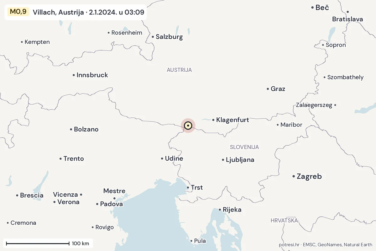Karta: šire područje, 600 km, potres M0,9, Villach, Austrija, 2.1.2024.
