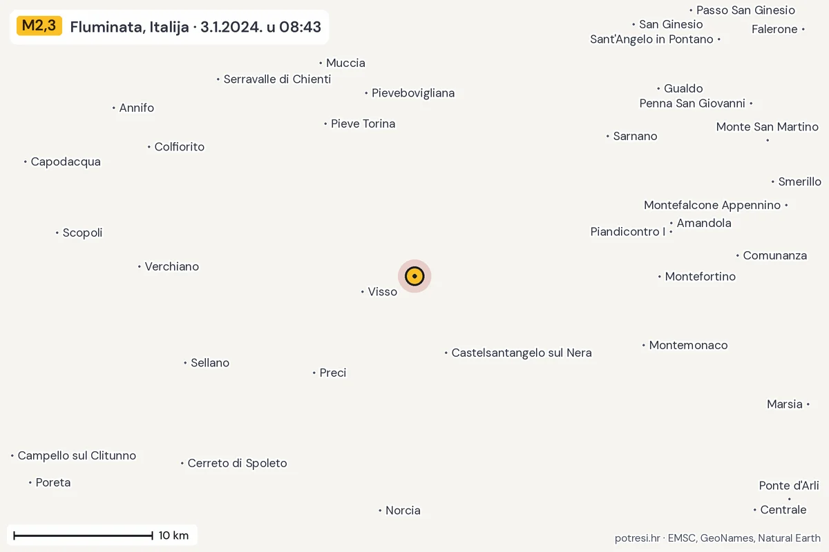 Karta: okolica epicentra, 60 km, potres M2,3, Fluminata, Italija, 3.1.2024.