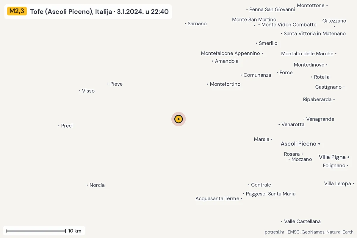 Karta: okolica epicentra, 60 km, potres M2,3, Tofe (Ascoli Piceno), Italija, 3.1.2024.