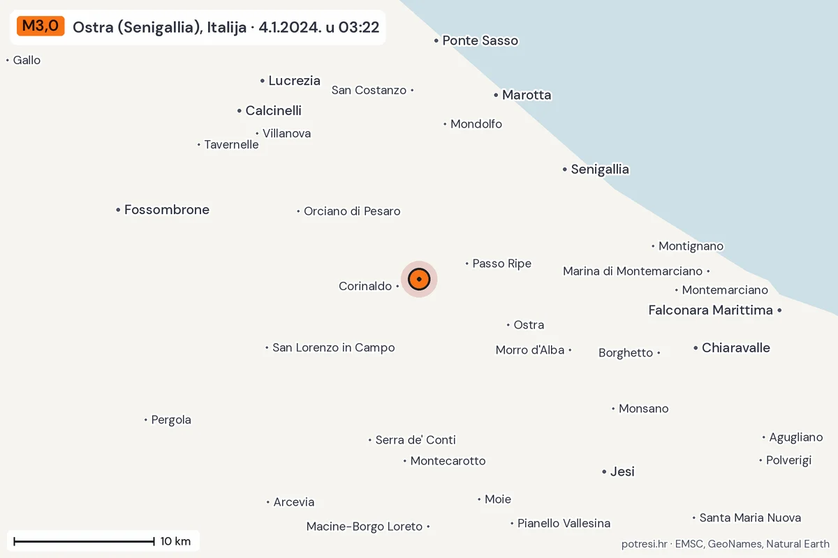 Karta: okolica epicentra, 60 km, potres M3,0, Ostra (Senigallia), Italija, 4.1.2024.