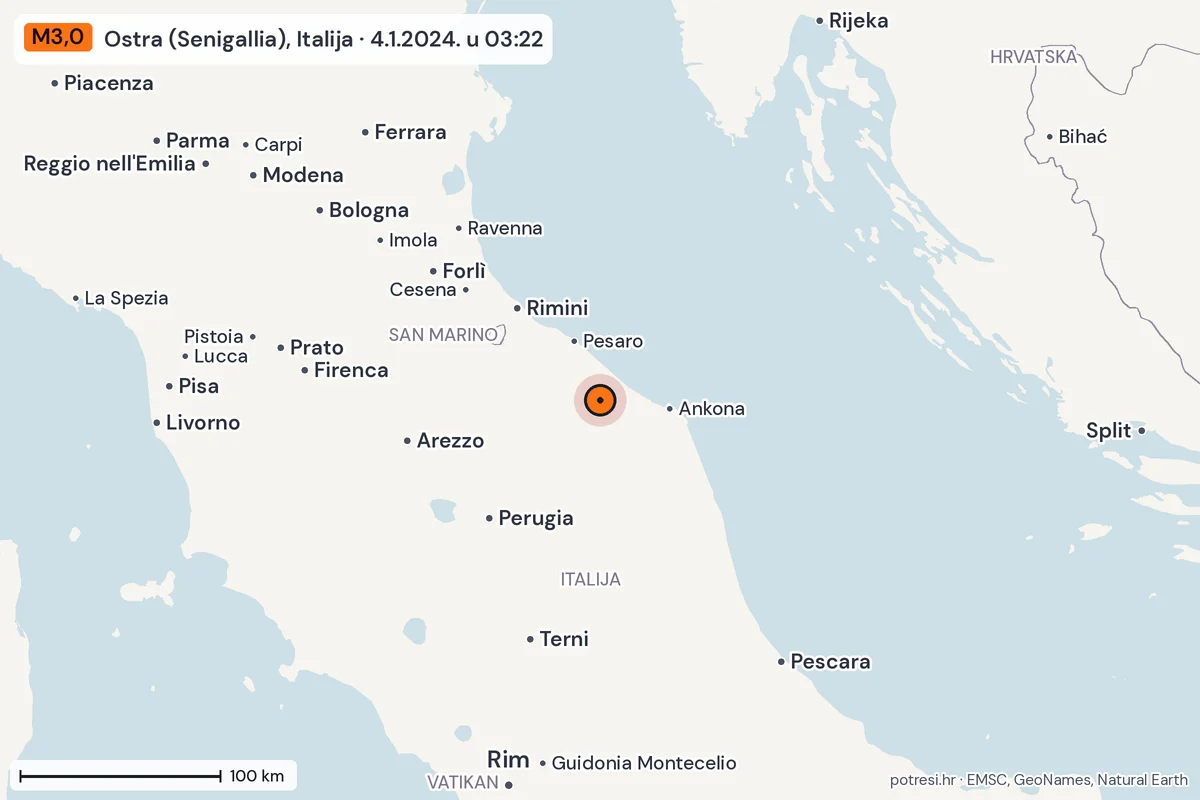 Karta: šire područje, 600 km, potres M3,0, Ostra (Senigallia), Italija, 4.1.2024.