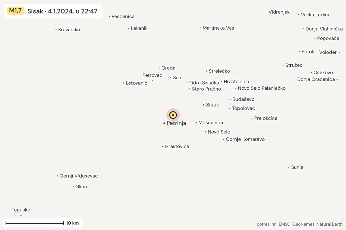 Karta: okolica epicentra, 60 km, potres M1,7, Sisak, 4.1.2024.