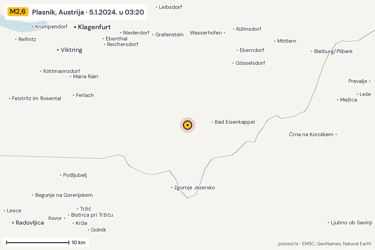Karta: okolica epicentra, 60 km, potres M2,6, Plasnik, Austrija, 5.1.2024.