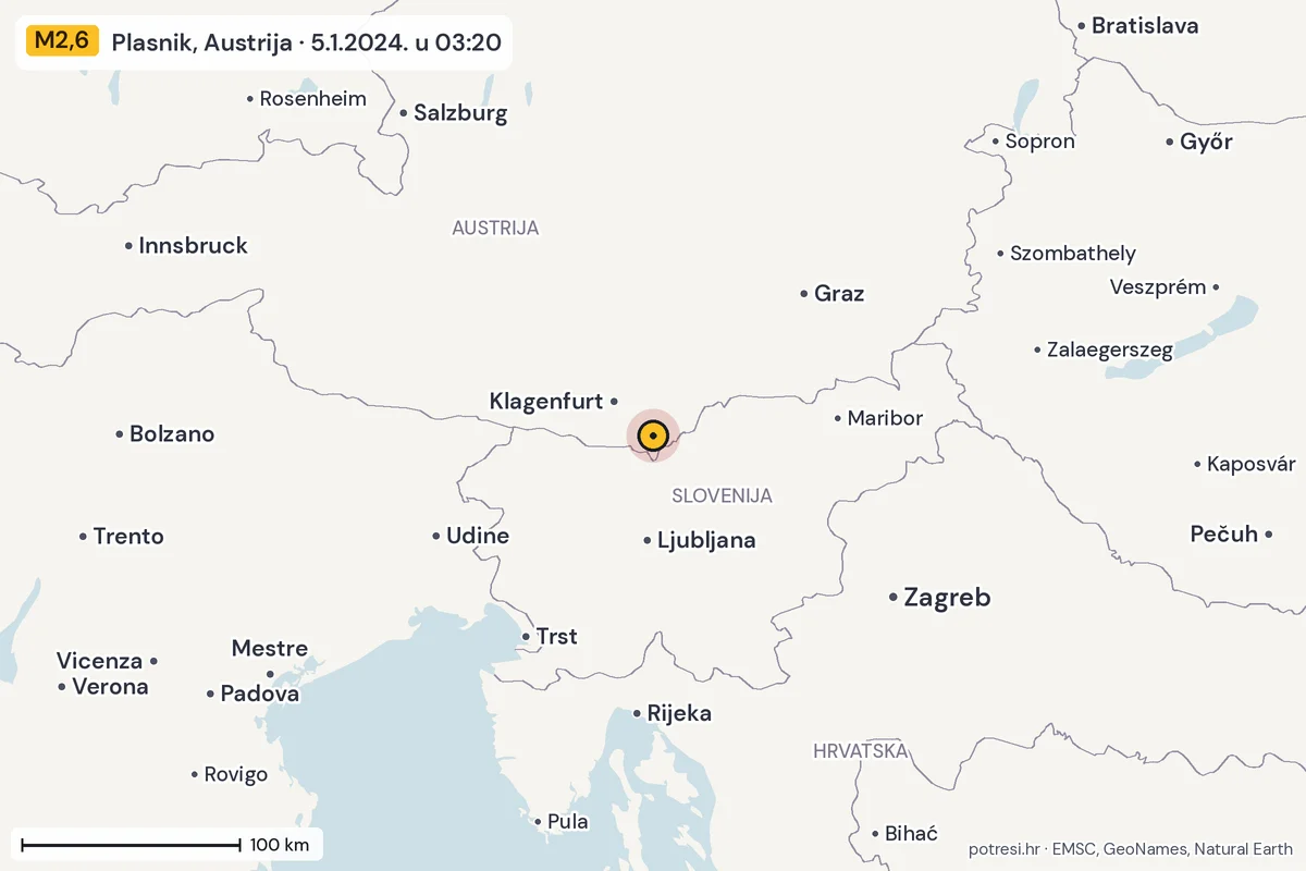 Karta: šire područje, 600 km, potres M2,6, Plasnik, Austrija, 5.1.2024.