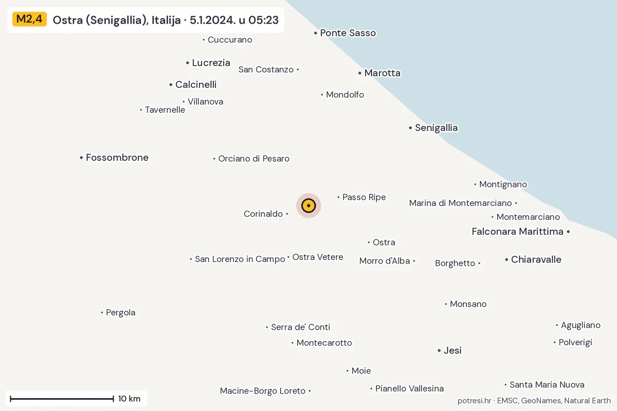 Karta: okolica epicentra, 60 km, potres M2,4, Ostra (Senigallia), Italija, 5.1.2024.