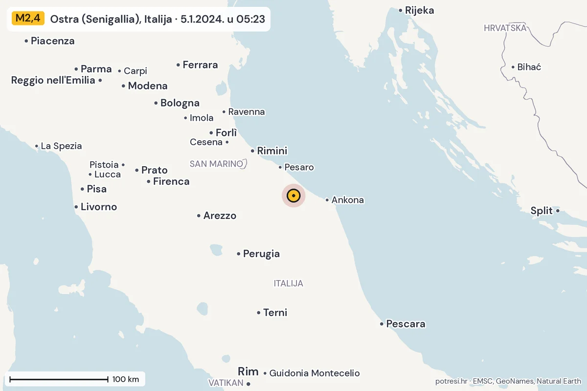 Karta: šire područje, 600 km, potres M2,4, Ostra (Senigallia), Italija, 5.1.2024.
