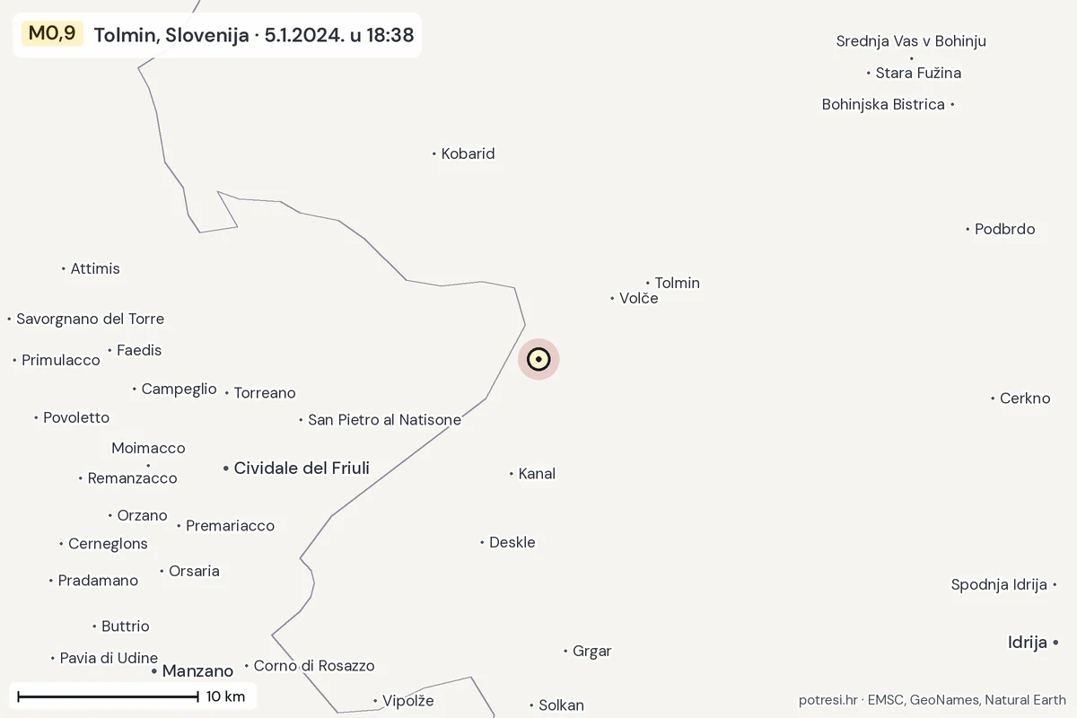 Karta: okolica epicentra, 60 km, potres M0,9, Tolmin, Slovenija, 5.1.2024.