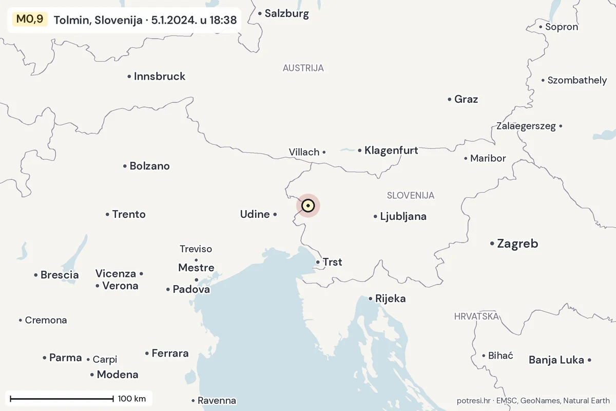 Karta: šire područje, 600 km, potres M0,9, Tolmin, Slovenija, 5.1.2024.
