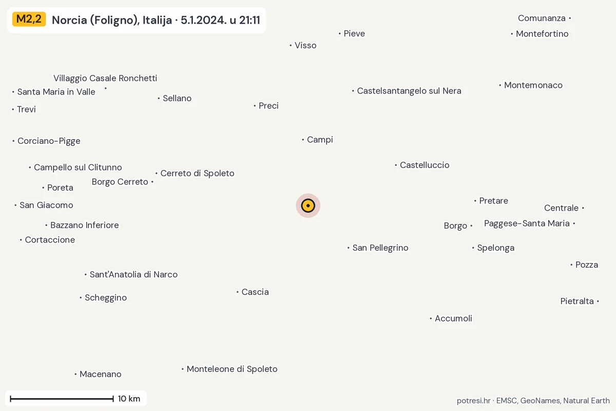 Karta: okolica epicentra, 60 km, potres M2,2, Norcia (Foligno), Italija, 5.1.2024.