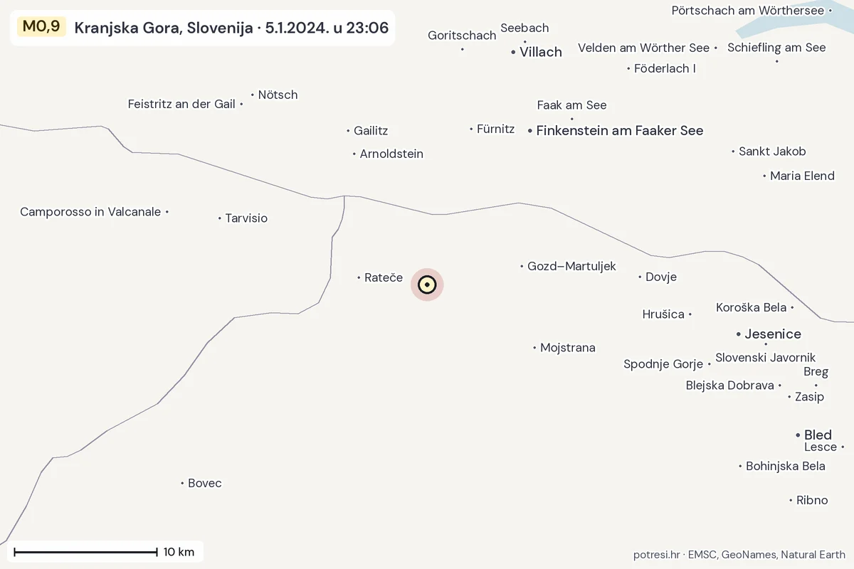 Karta: okolica epicentra, 60 km, potres M0,9, Kranjska Gora, Slovenija, 5.1.2024.
