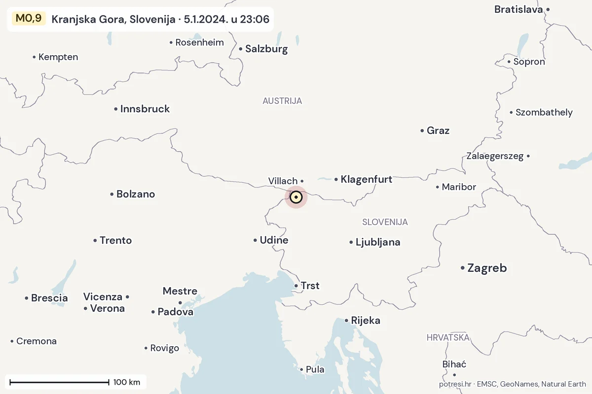Karta: šire područje, 600 km, potres M0,9, Kranjska Gora, Slovenija, 5.1.2024.